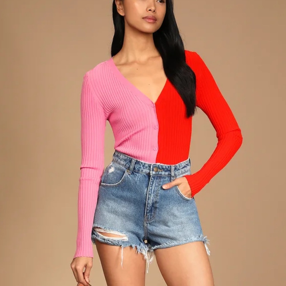Lulus Dynamic Duo Pink and Red Color‎ Block Ribbed Cardigan Sweater size XS